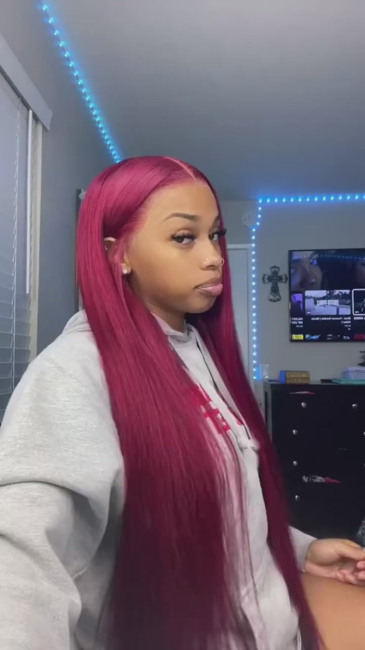 Burgundy 99j Colored Straight HD Transparent Human Hair 180% 200% Density Wig