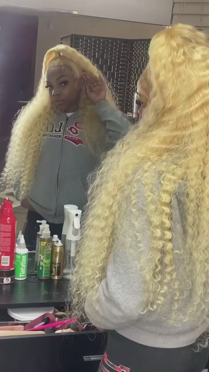 Deep Wave Blond Colored 180% Density Human Hair Lace Front Wig